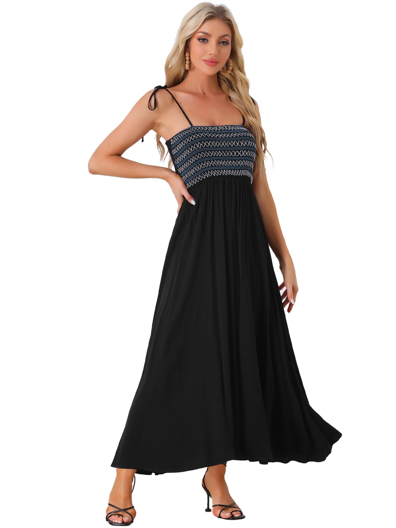 

Allegra K Smock Dress, Sleeveless, Square Neck, Bohemian, Spaghetti Strap, Maxi Dress, Women s, Black, Size L