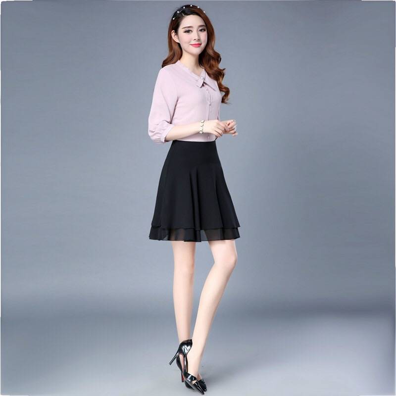 Korean Fashion Women Chiffon Skirts Summer Office Lady All-match Double Layer With Lining Elastic High Waist Black A-line Skirt