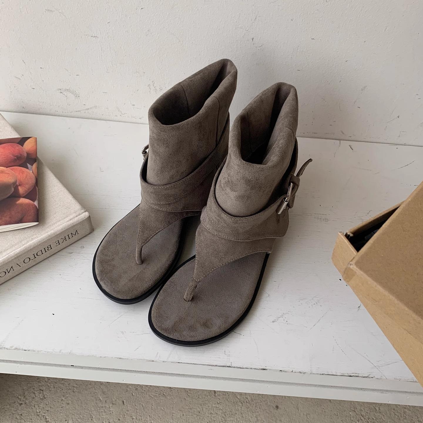 

HZ2 real shot BEILISI anti-velvet surface toe herringbone Roman cool boots open toe short boots women s fashion simple 055-2 39