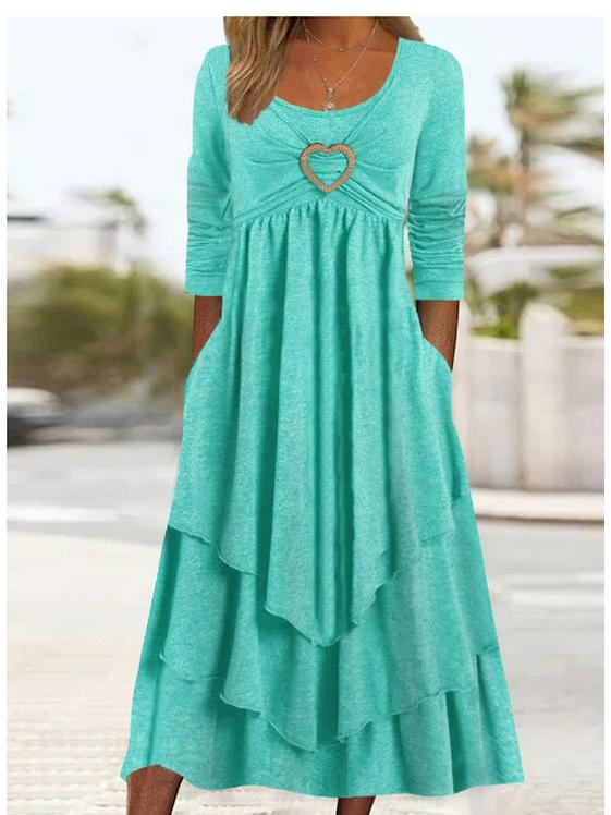 In Stock: 2026 Spring/Autumn European-American Waist-Cinching Casual Dress with Heart Detail and Tiered Hem