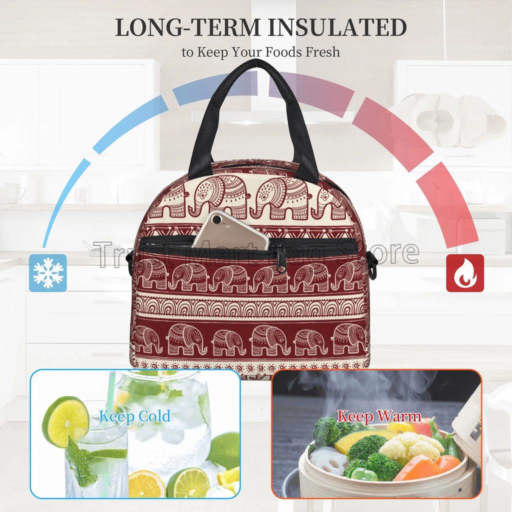 Boho Elephant Print Insulated Lunch Bag for Travel Picnic Reusable Waterproof Thermal Bento Tote with Adjustable Shoulder Strap
