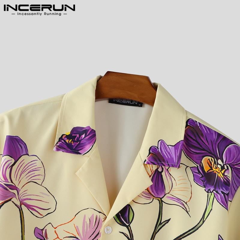 INCERUN Oversized Men Lapel Neck Short Sleeve Floral Print Casual Shirts