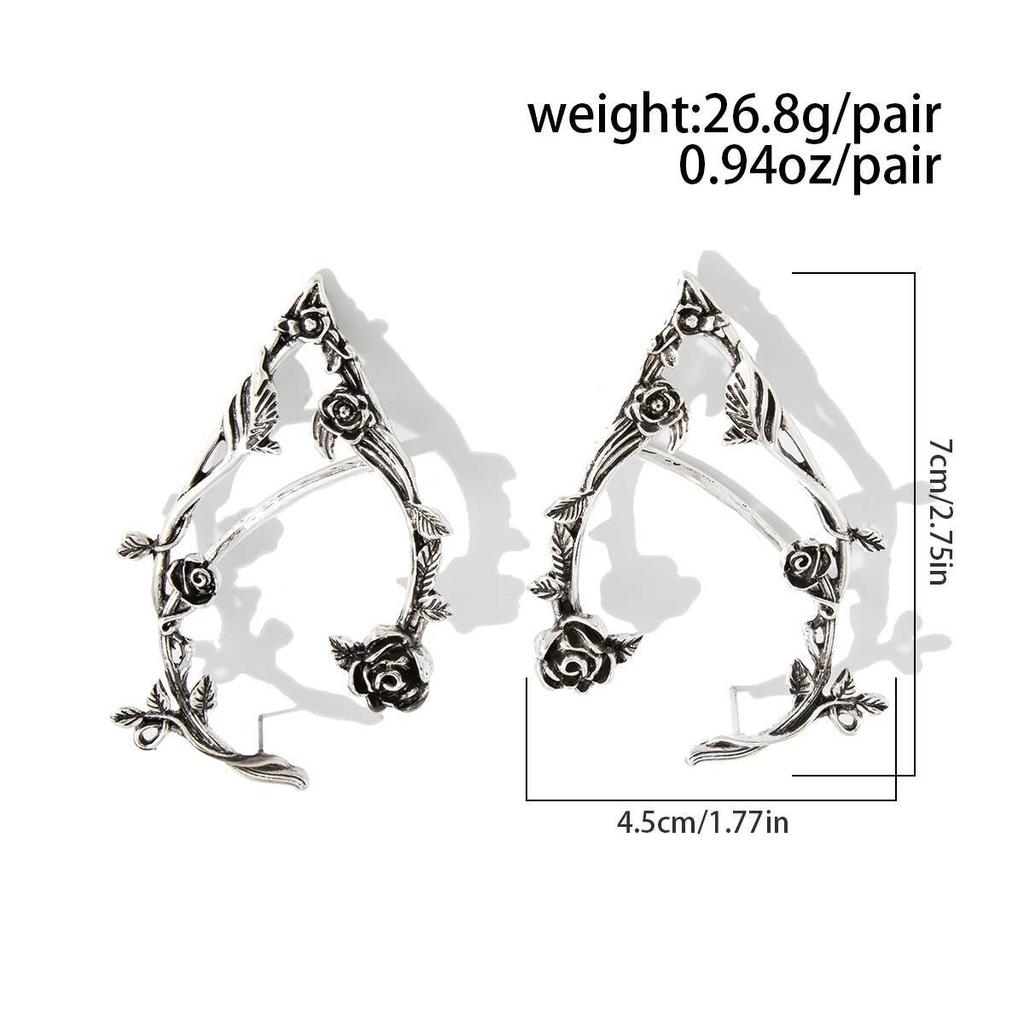 KunJoe 1 Pair Vintage Rose Flower Elf Ear Clip for Women Goth Fairy Ear Cuff Piercing Earrings Halloween Jewelry Ear Decoration