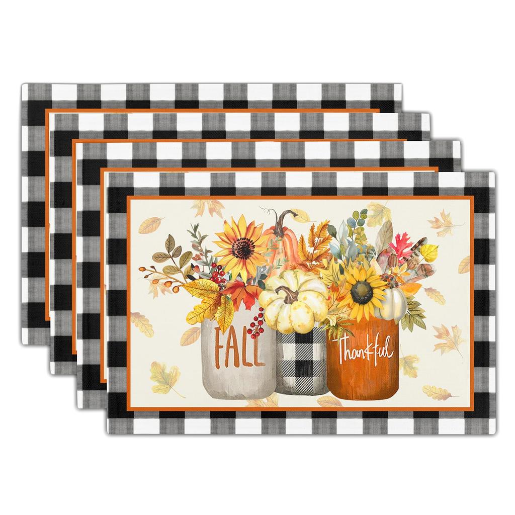 Sunflower Placemats Set of 4 18x12 Inch Summer Fruit Black and White Buffalo Plaid Linen Place Mats Wipeable Yellow Floral Table Mat