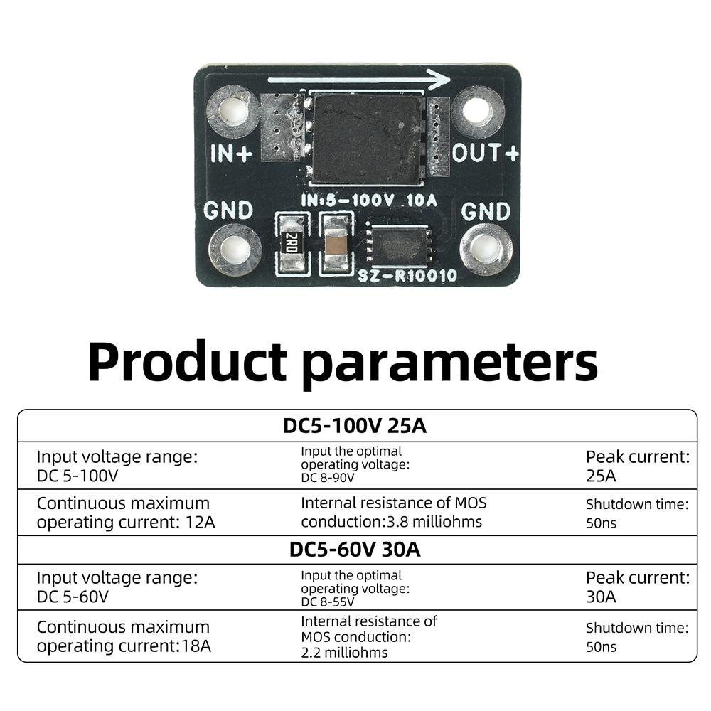 25A 30A High Current Ideal Diode Module DC 5–100V Solar Backfeed Protection, Battery Reverse Connection Protection, Zero Heat