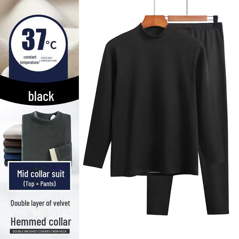 Men's Two-Color German Velvet Warm Suit: No-Pill V-Neck/Round Neck Top & Bottom Set for Autumn/Winter.