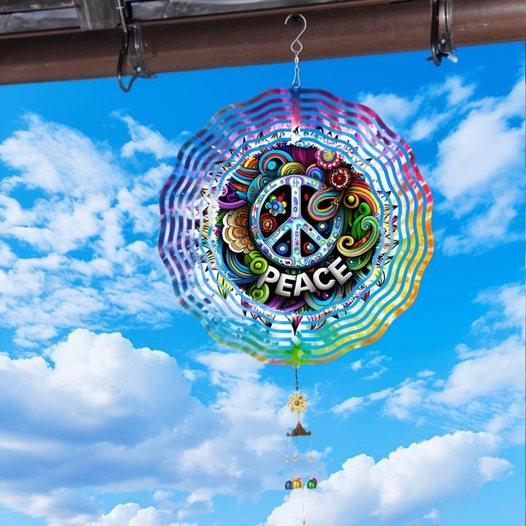 25.4cm Metal Wind Spinner 360° Rotating Hook Laser-Cut Floral Peace Symbol Outdoor Garden Decor Holiday Ornament