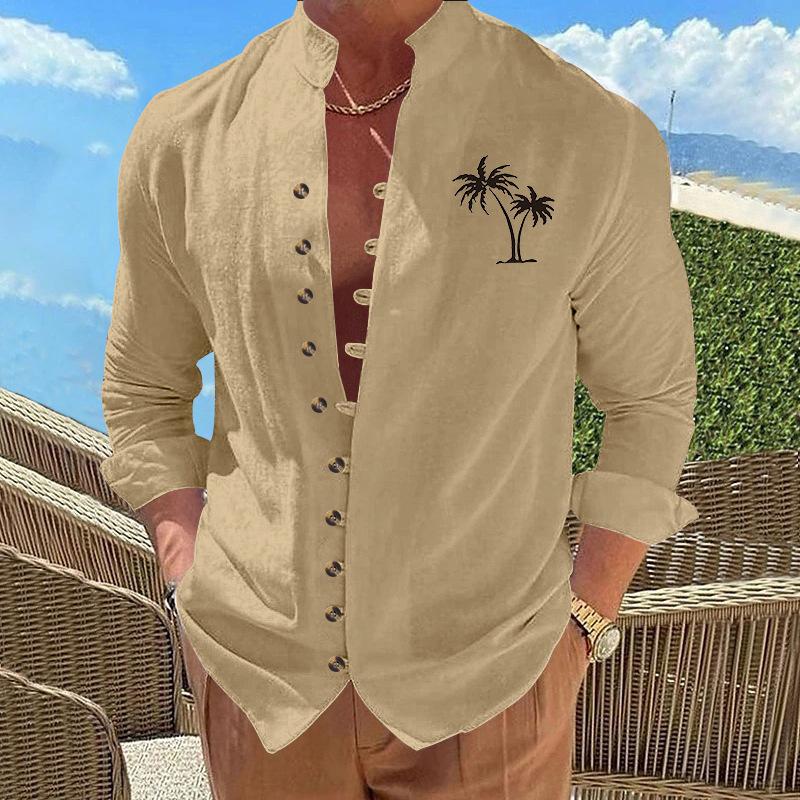 Coconut Tree Casual Printed Vintage Stand Collar Long-Sleeved Button-Down Men's Shirt