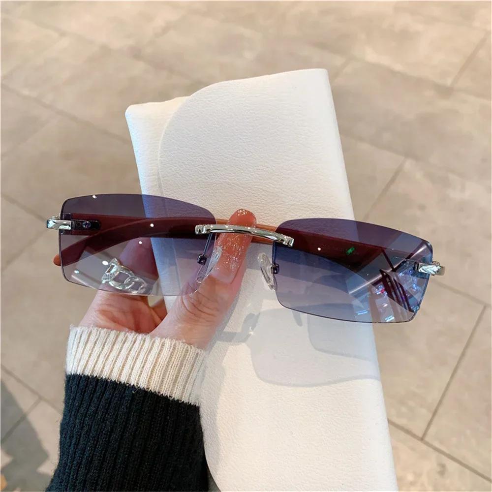 Prostokątne okulary przeciwsłoneczne bez oprawek dla kobiet mężczyzn Gangster 90s bezramowe odcienie Retro Vintage modne okulary z drewnianą ramką