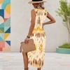 Women Plus Size U Neck Sleeveless Tie Dye Printed Beige Brown High Side Slit Curved Hem Dress