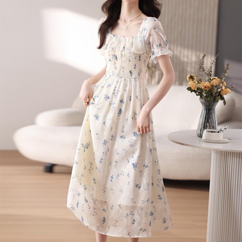 Svěží a jemné květinové šifonové šaty, dámské letní dlouhé šaty, prázdninová plážová sukně