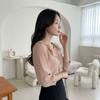 Style Latte Round Neck Pearl Button Ruffle Chiffon Blouse