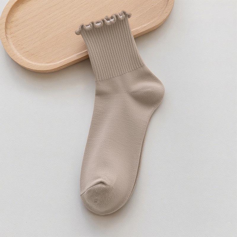 Lace Pure Cotton Women's Mid-Calf Socks - Spring & Autumn Lolita Style, Solid Color, Versatile Japanese JK Design