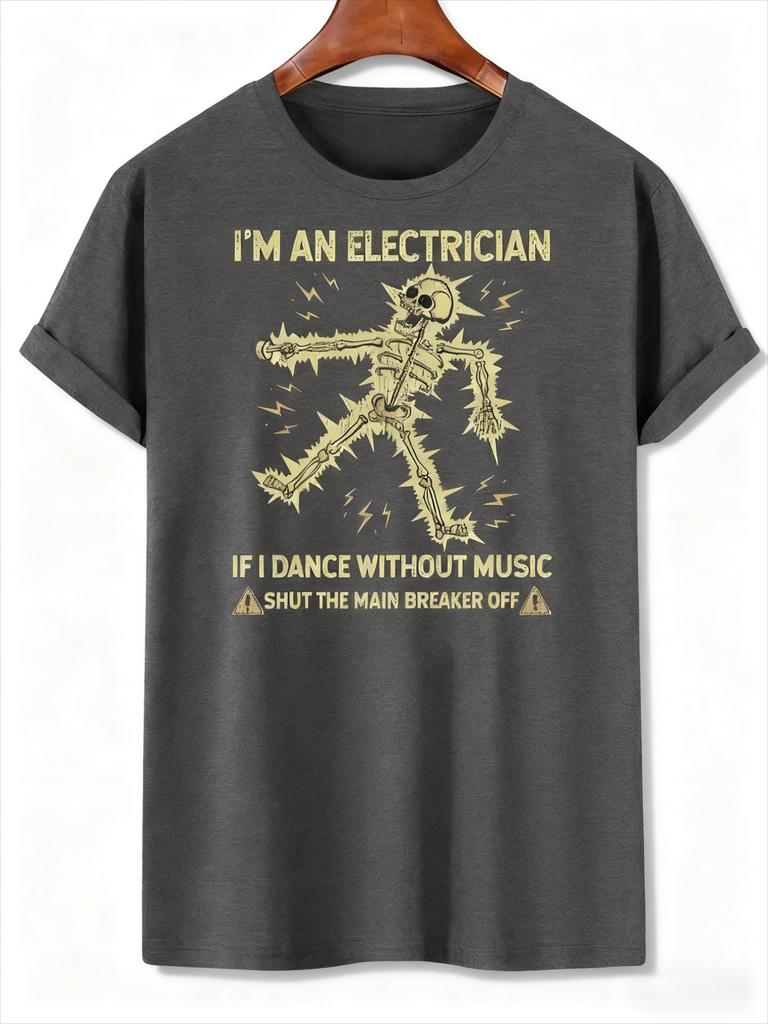 Black Electrician Skeleton Humor TShirt Shut The Main Breaker Off Graphic Casual Tee for Electric Enthusiasts Trendy Outfits