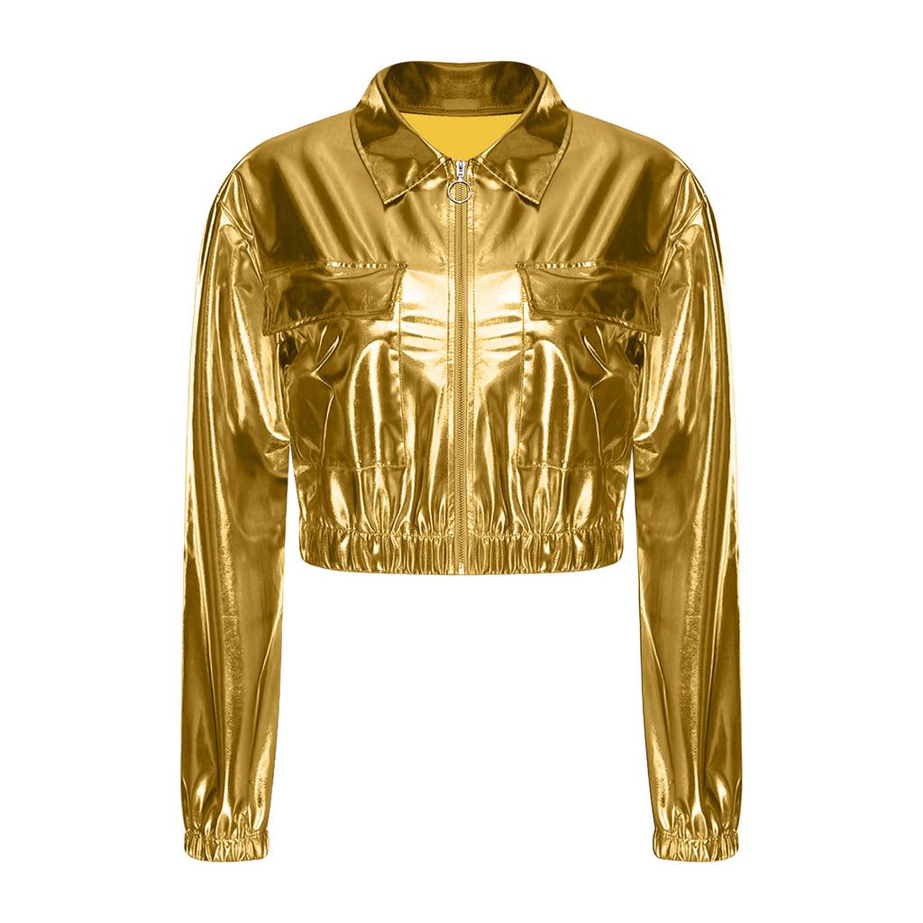 Womens Metallic Shiny Cropped Jacket Lapel Long Sleeve Front Zipper Biker Jacket