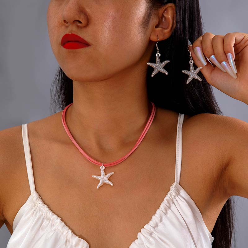 

Bohemian White Starfish Pendant Earring Necklace Set for Women New Trendy Velvet Rope Choker Necklace Beach Party Zircon Gifts розовый