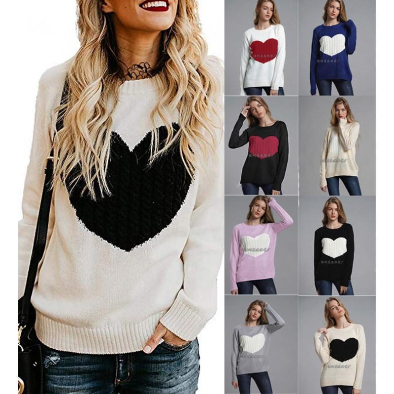 Womens Oversized Knit Sweater Long Sleeve Round Neck Loose Fit Winter Casual Pullover With Heart Detail