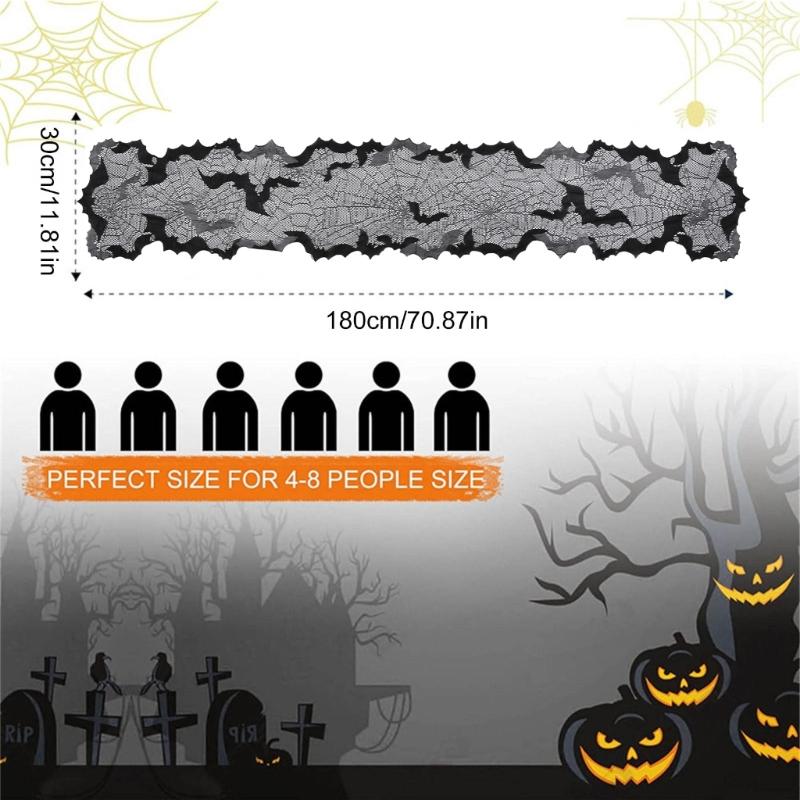 Spooky Halloween Decoration 11.8x70.9inch Black Table Runner, Water Resistant with Cobwebs and Bat Motifs for Festives Dinin