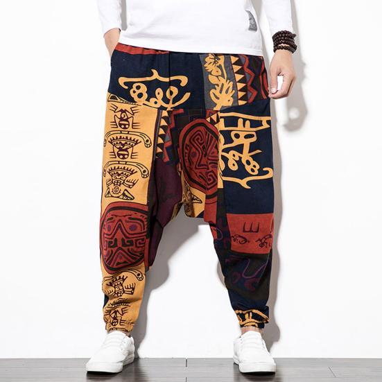 Harem Pants Large Crotch Ankle Tied Fashion Print Elastic Waist Loose Streetwear Plus Size Baggy Pants for Daily Wear