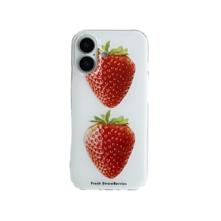 Ins Style Simple White Background Strawberry Phone Case for iPhone 17, 16 Pro Max, 15, 14 with Girlish Heart Design