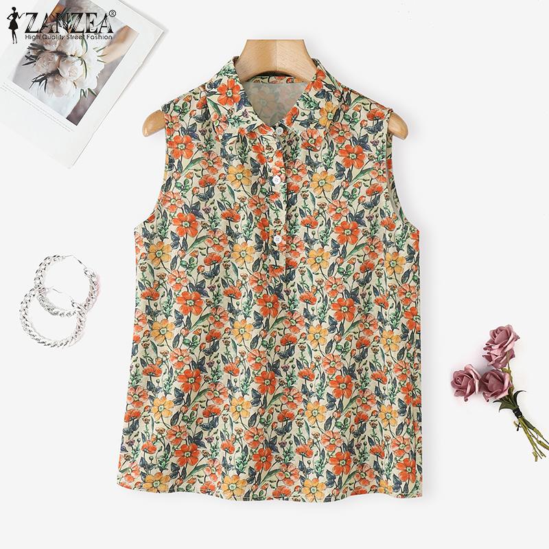 ZANZEA Women Casual Turn Down Collar Summer Floral Print Sleeveless Blouse