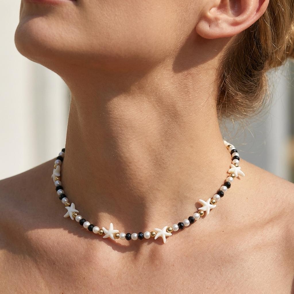 New Starfish and Shell Beaded Necklace Summer Dopamine Ocean Crab Pendant Pearl Choker