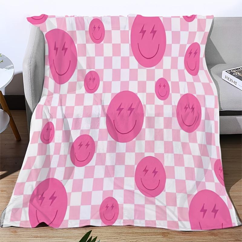 Pink Plaid Smile Face Flannel Blanket, Soft And Comfortable Blanket For Family And Friends, Suitable For Sofa Bed Throw Blanket