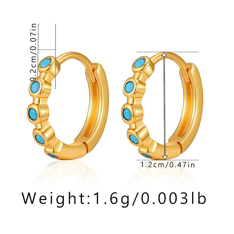 Turquoise Earrings Brass Plated 18K Real Gold Color Retention Retro Circle Metal Texture Ear Buckle Premium Sense