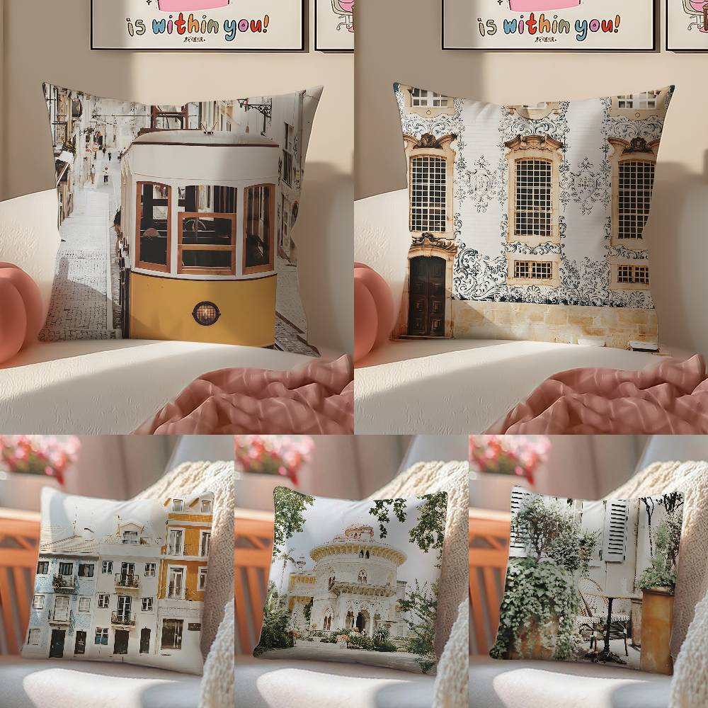 Spanish Beach Island Architecture Art Pillow Case Anti-dustmite Pillowcase Invisible zipper silky short plush Sofa cushion cover