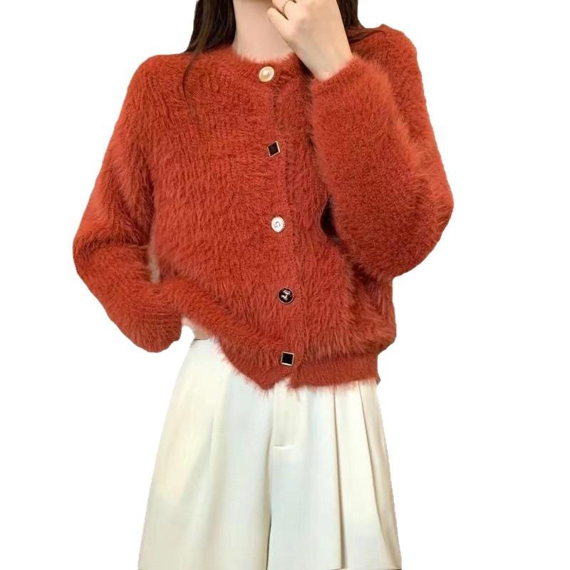 Womens French Vintage Soft Knit Cardigan Short Round Neck Sweater Coat Solid Color