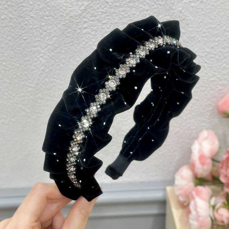 2Pcs 2026 New Korean Starry Velvet Pleated Headband Women High End Diamond Bar Hair Headband Sweet Velvet Headband