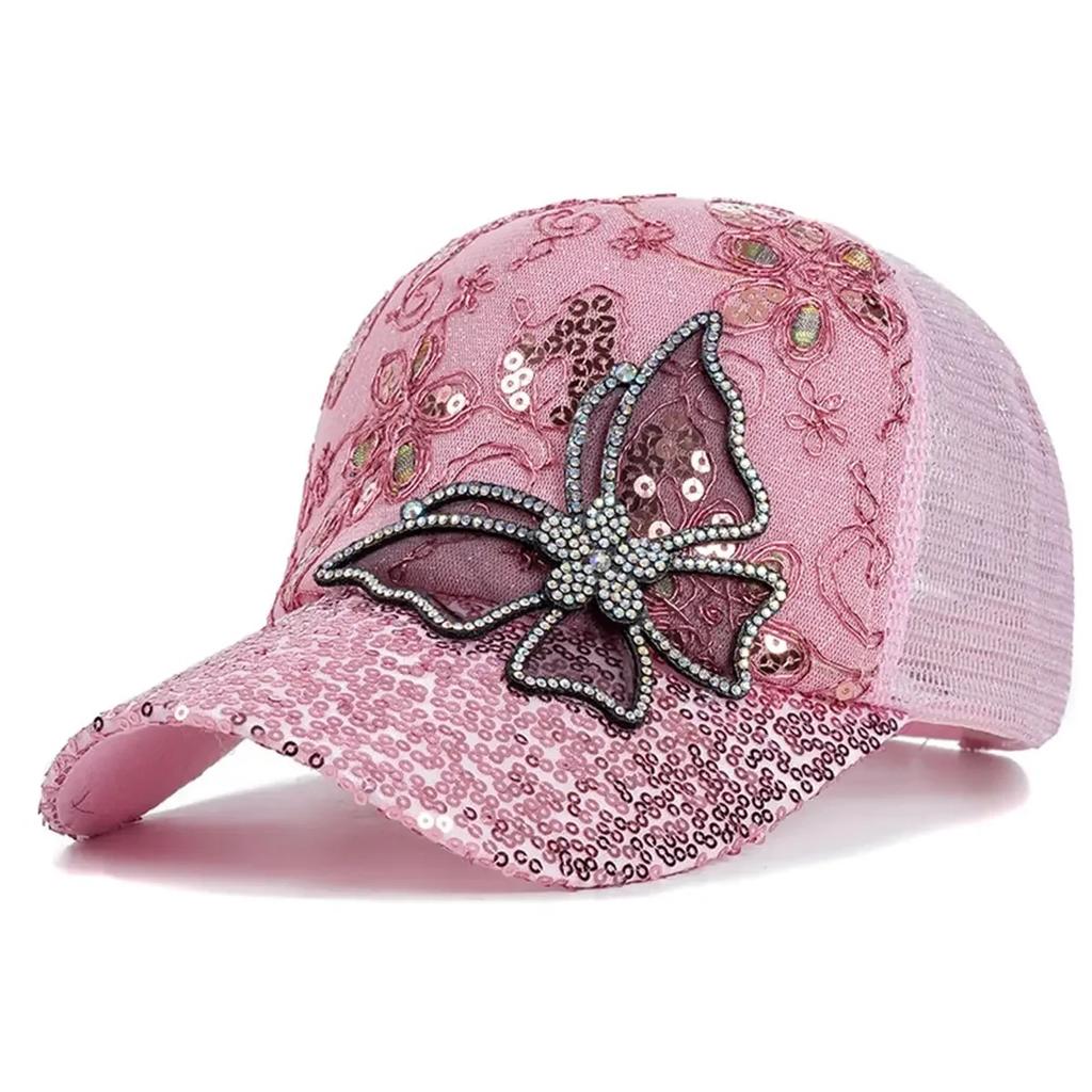 Bonés de Rede de Basebol com Renda de Borboleta e Glitter Unissexo para Primavera e Verão Chapéus Casuais Ajustáveis para Exterior Chapéu de Proteção Solar