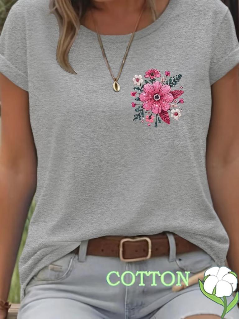2026 Colorful Floral Round Neck Short Sleeve Casual Pure Cotton T-shirt