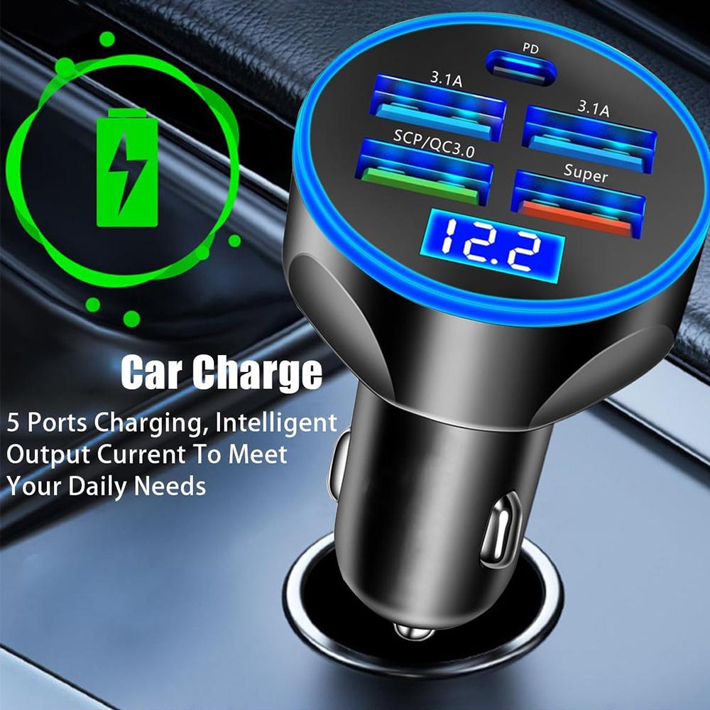250W 5 Ports USB C Car Charger Fast Charging  Auto Phone Adapter in Car with Voltage Display For iPhone Samsung Huawei Xiaomi