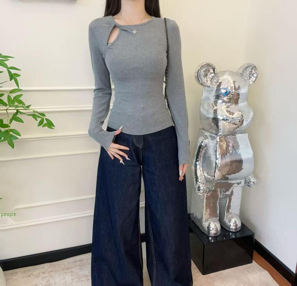 Women's Slimming White Long Sleeve T-Shirt - Hollow Round Neck, Drop Shoulder, Early Spring 2025 Collection