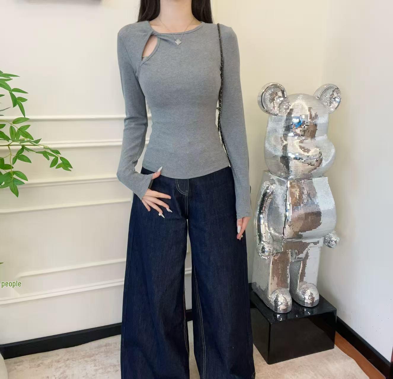 

Wine Red Hollow Design Slim-Fit Long Sleeve Top for Women - Spring/Autumn Korean Style S (70-95 lbs) серый