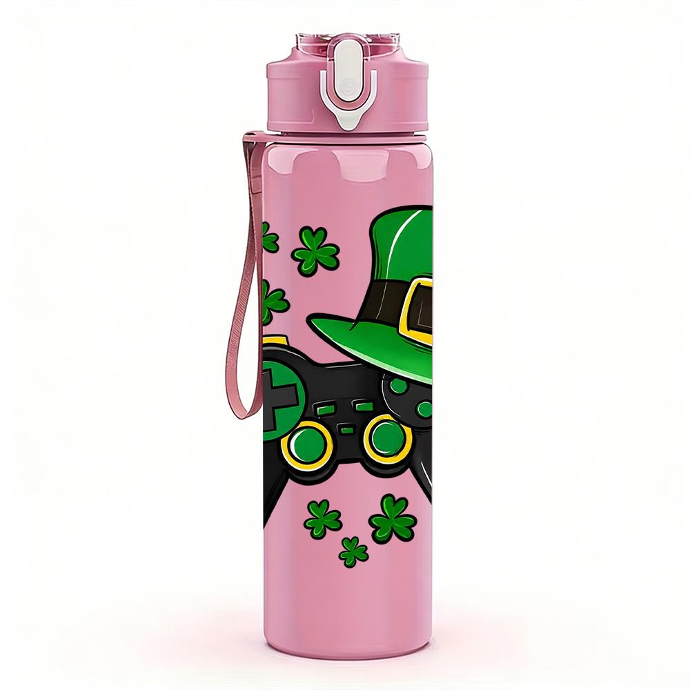1PC Shamrock Game Controller Graphic 750ml Color Plastic Water Bottle Leakproof Flip Straw Lid For Sports Office Home Use