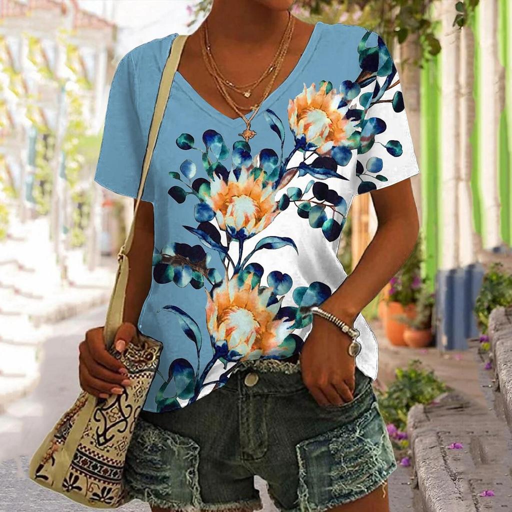 Summer V-neck 3D Floral Printed Top Fashionable Casual Short Sleeved Women's T-shirts