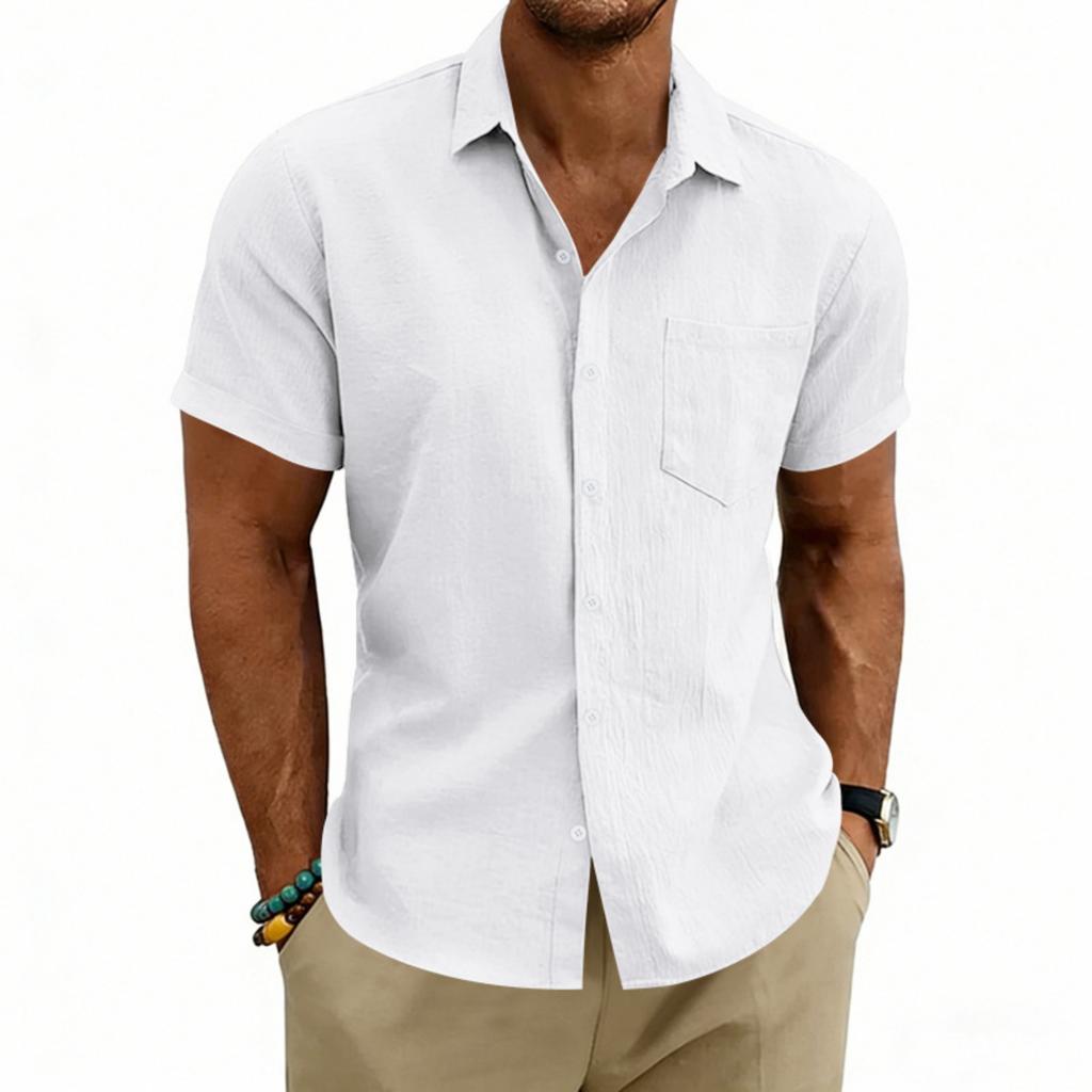 Men's Linen Short Sleeve Hawaiian Shirt Loose Fit Collar Casual Summer Top