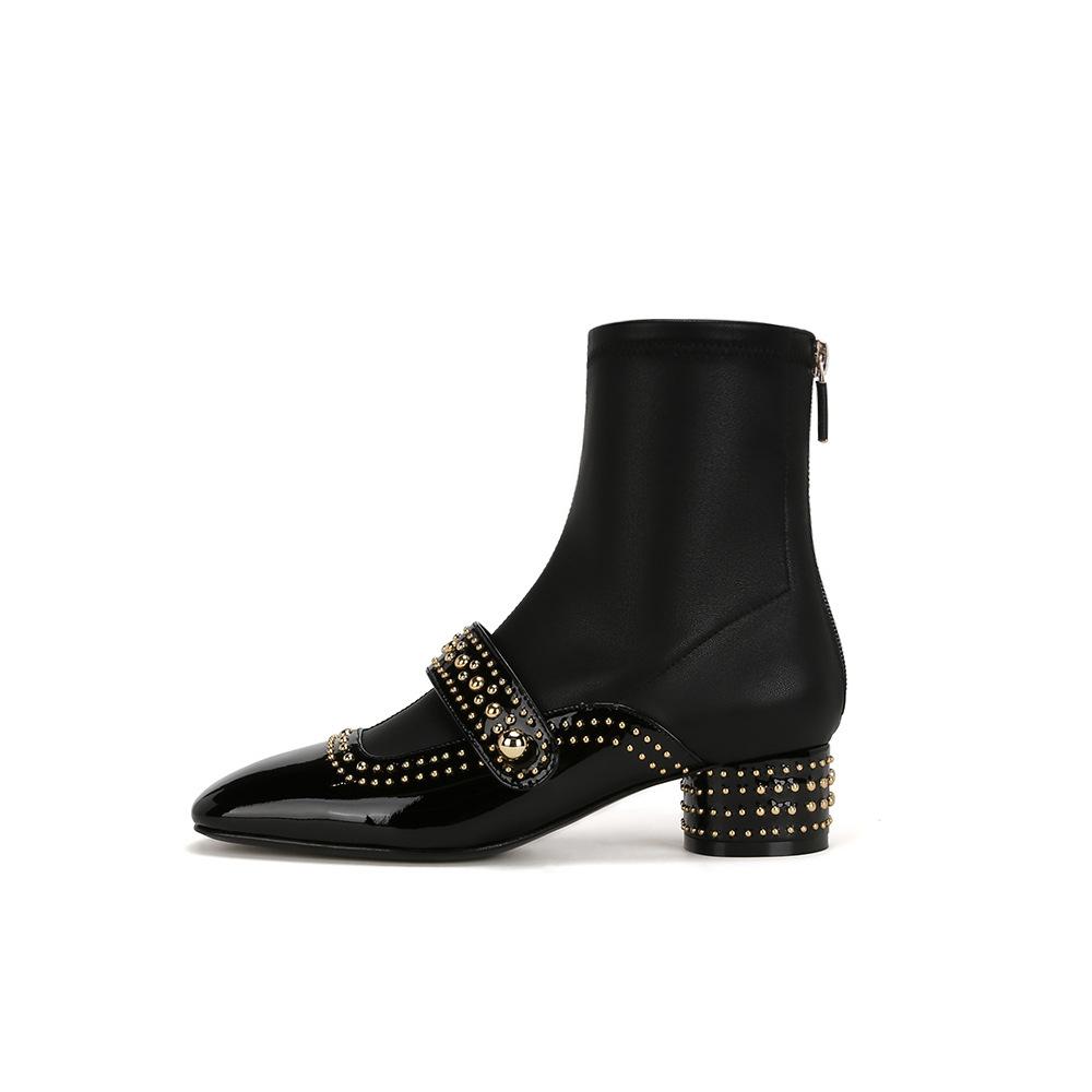 

[Su Yinyin of the same style] White Moonlight~ Square Head Rivet Rear Zipper Medium and High Elastic Boots Women s Skinny Short Boots 35