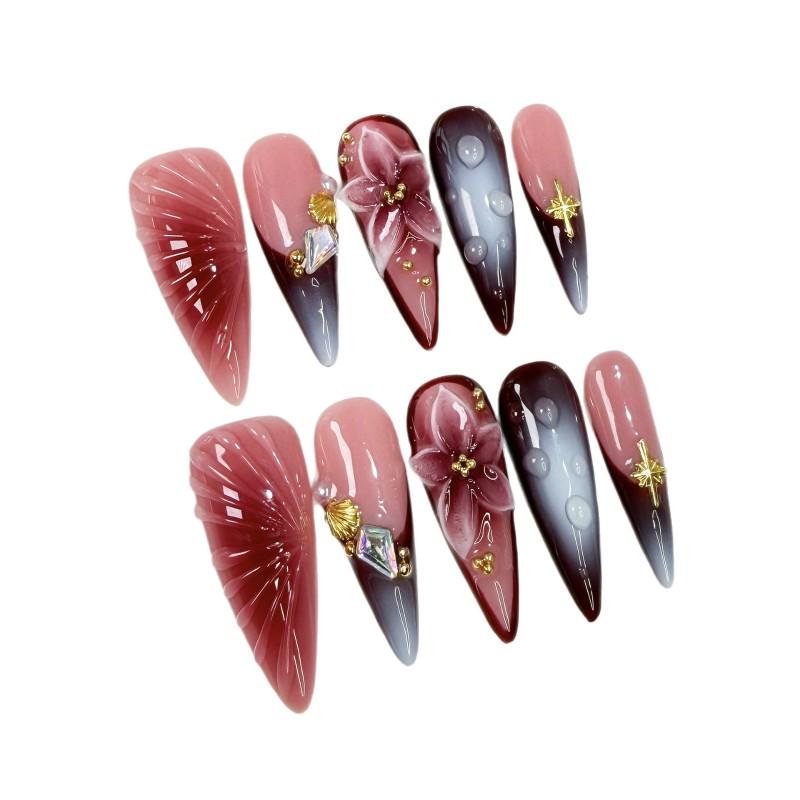 Long Press-On Nails With 3D Floral Cross Embossed French Design Sweet Chic Acrylic Nail Tips