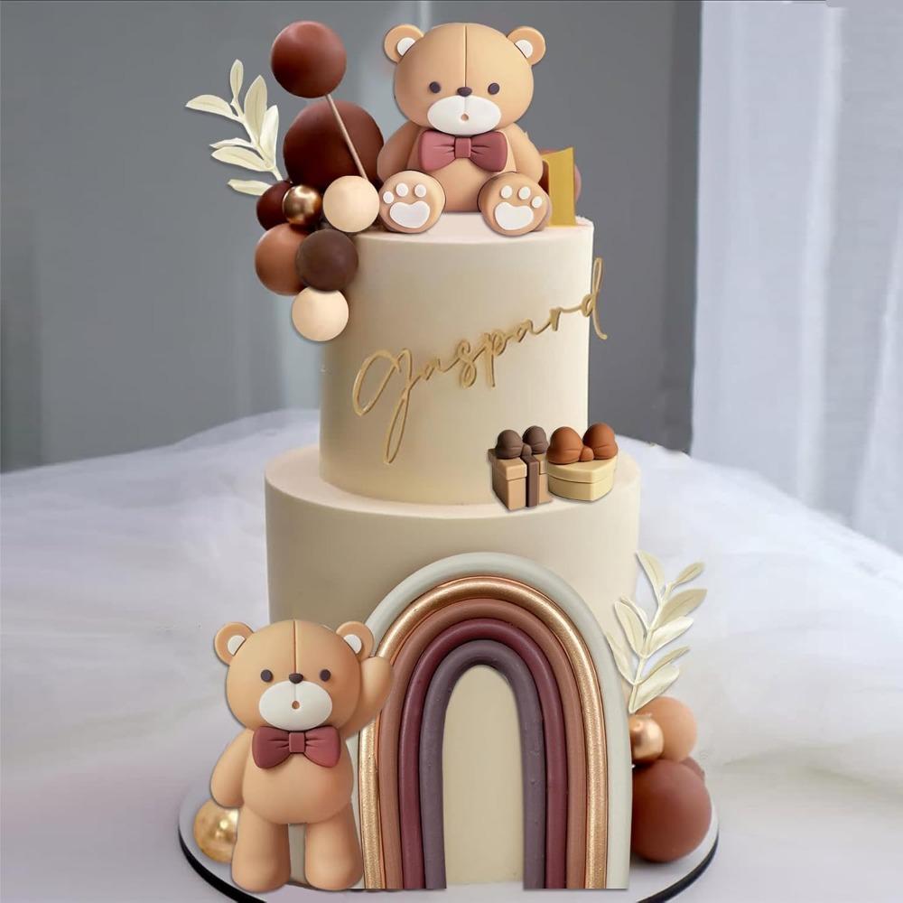 33pcs Bear Cake Topper Boho Rainbow Cake Decorations with Beige Brown Bears Pearl Balls Rainbow Cake Pick for Gender Reveal Wedding Birthday Party