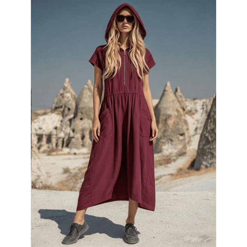 Vintage Loose Fit Hooded Half Zip Mid Length Dress With Pockets