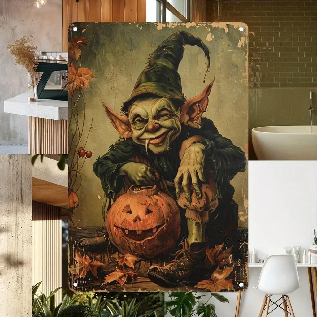 Trick or Treat Halloween Metal Sign Retro Goblin Pumpkin Decor for Porches 20x30cm