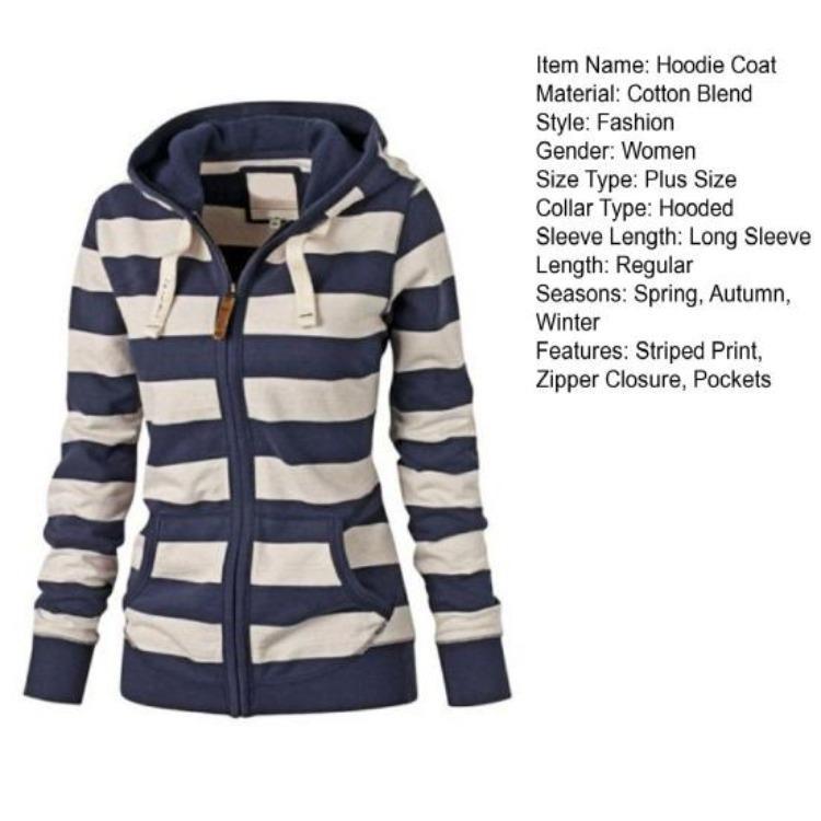 Winter Fashion Women Hoodie Coat Striped Print Long Sleeves Drawstring Pockets Zipper Closure Sweatshirt Jacket Autumn Winter