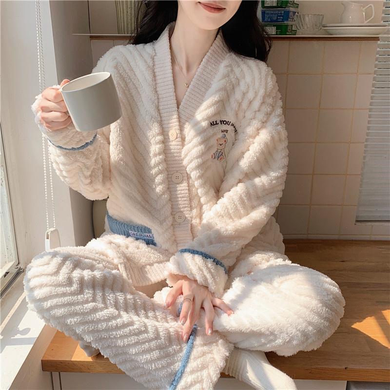 Winter Women Warm Fashion Pajama Sets Sweet   Elegant French Style Girlish Leisure Thicken Flannel Comfort Pajamas