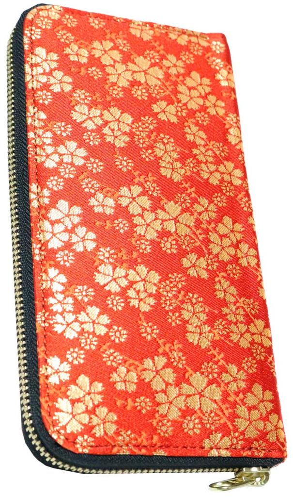 Červená tkaná peněženka Nishijin Hovězí kůže Dlouhá peněženka Peněženka Nishijin Tkaná Kyoto Dlouhá peněženka Kulatý Zip Kulatý zip Peněženka na mince Dlouhá Peněženka Velká kapacita