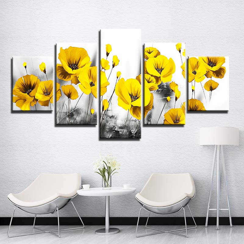 5 pannelli/set fiore di papavero rosso dipinto su tela paesaggio rosa poster e stampe immagini di arte della parete per la decorazione artistica del soggiorno