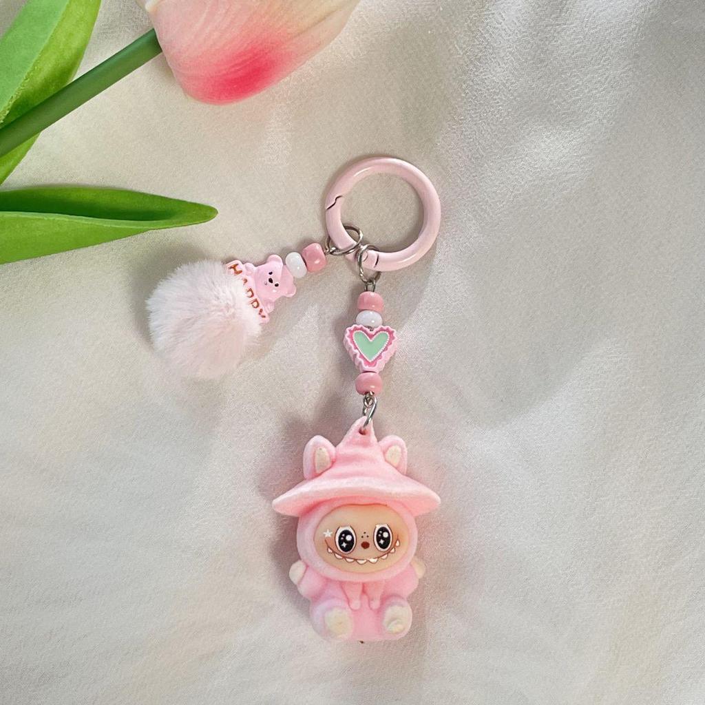 Flocking Labubu Doll Keychain - Cute 3-Year-Old Grain Doll DIY Mobile Phone Jewelry Accessory