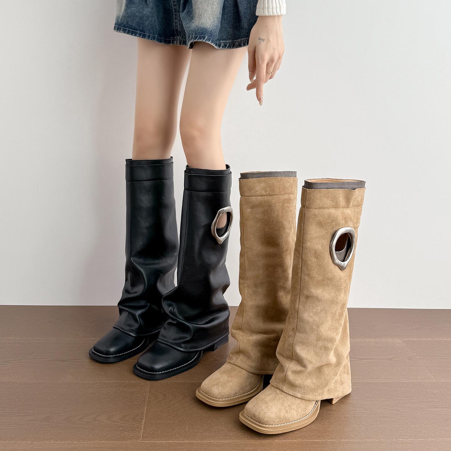 

New niche design Martin boots retro square head western cowboy boots versatile thick heel trouser tube boots fat mm long boots 39 чёрный